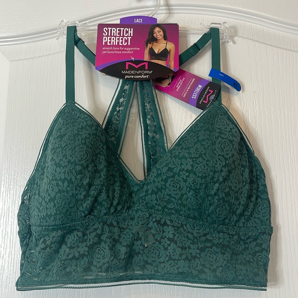 Maidenform Pure Comfort Stretch Lace Longline Wireless Bralette Green XL
